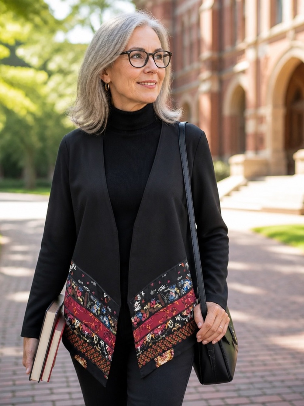 Coldwater Creek Boho Novelty Ribbon Ponte Open Front Jacket Printed Trim Black L